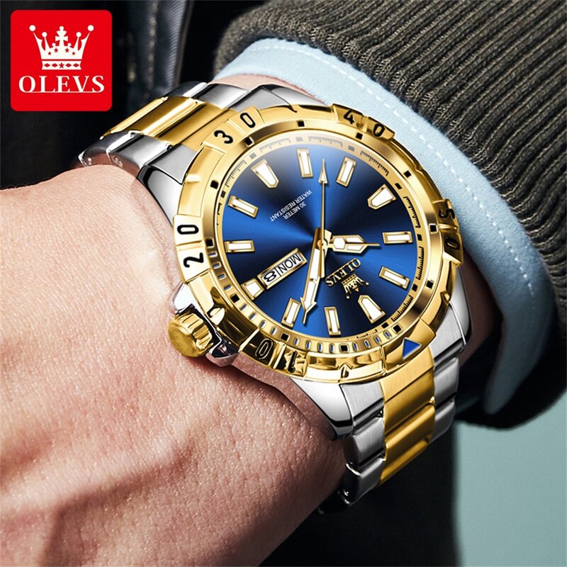 Olevs Merk Mode Blauw Quartz Horloge Voor Mannen Roestvrij Staal Waterdicht Lichtgevende Week Date Sport Horloges Relogio Masculino