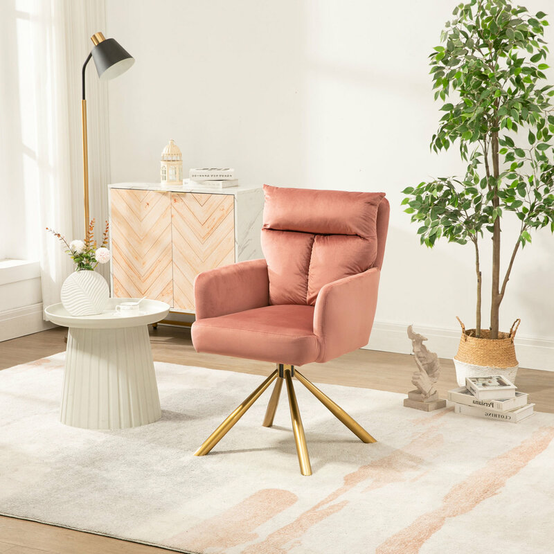 Sedia girevole imbottita con schienale alto in velluto rosa contemporaneo con Design Chic e Comfort in peluche per sollevare la tua Spa vivente