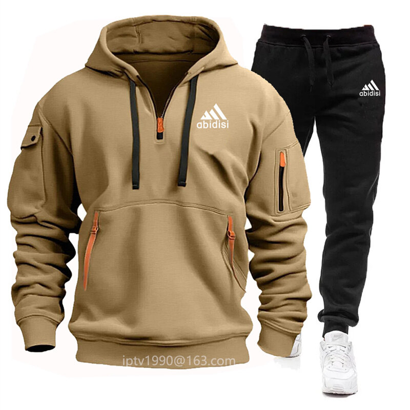 Set pakaian olahraga joging pria, hoodie ritsleting banyak saku + celana olahraga santai Musim Semi dan Gugur 2024