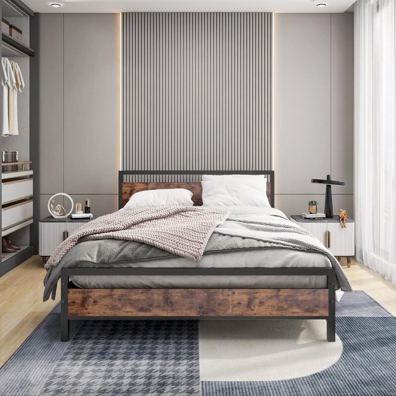 إطارات سرير بحجم كوين أسود-بوفينج مع لوح أمامي خشبي ، منصة ثقيلة ، إطار سرير مع مخزن ، لا حاجة إلى زنبرك ، مرتبة