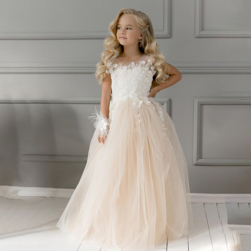 Aplikacje koronkowe tiulowa kwiecista sukienka dziewczęca bez rękawów bankietowe suknie księżniczki bufiaste sukienka na przyjęcie urodzinowe ślubne dla dzieci