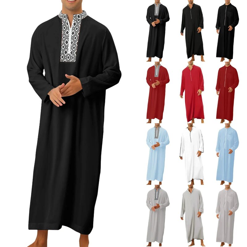 Baju Muslim Arab pria, jubah longgar saku lengan panjang leher bulat kasual motif kotak-kotak tambal sulam kasual