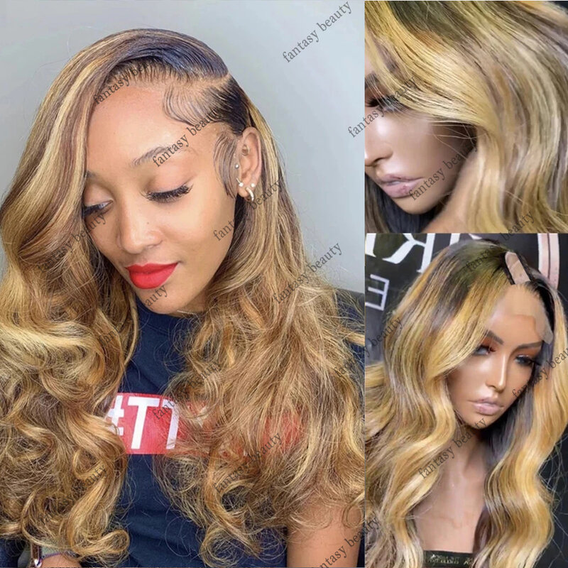 Ombre Golden Blonde V Part Wigs Loose Wave Unprocessed 100% Human Hair Highlight Honey Blonde Middle/Side UPart Full End Cosplay
