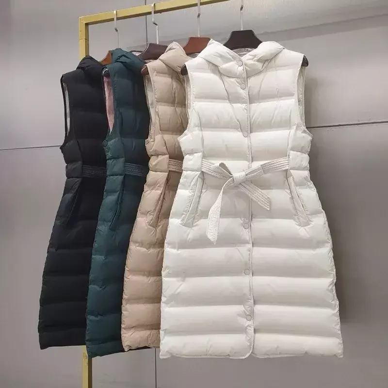 Jaket panjang bertudung untuk wanita, jaket panjang tanpa lengan kelas atas, jaket kantor ramping model Korea 2024, mantel bulu angsa baru untuk wanita