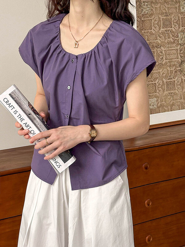 LANMREM-camisas minimalistas de manga corta para mujer, blusa lisa con cuello redondo y botonadura única, moda de verano, novedad de 2024, 26D9580