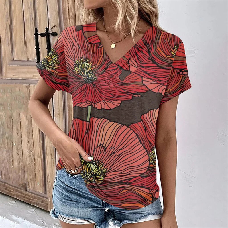 Modne damskie T-shirty z dekoltem w luźne góra kwiatowy nadruk T Shirt damski krótki rękaw koszulki w stylu Casual letni szeroka odzież