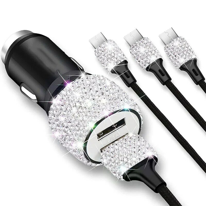 Dual USB Car Charger Bling Bling Handmade Rhinestones Crystal Car Decorations for Fast Charging Car Decors for iPhone/Samsung
