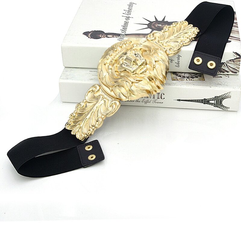 Cintura larga de liga metálica para senhoras, fivela universal de couro falso, cintura dourada do leão, cinto elástico