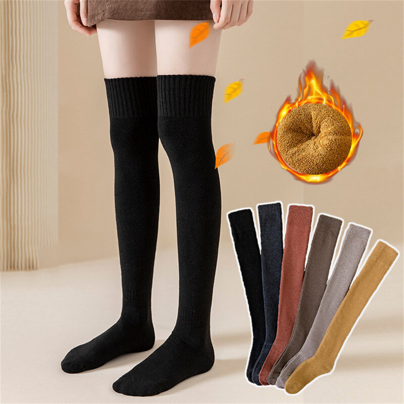 Damskie długie skarpetki kolana wysoki koreański jednokolorowy ciepły zimowy styl japoński Tube Over The Knee wełna dla dziewczynek kolana skarpety frotte Harajuku