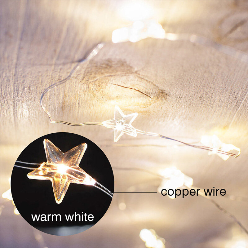 Guirnalda de luces LED con forma de estrella, iluminación de 2M, con batería CR2032, para decoración interior de dormitorio, fiesta de boda y vacaciones