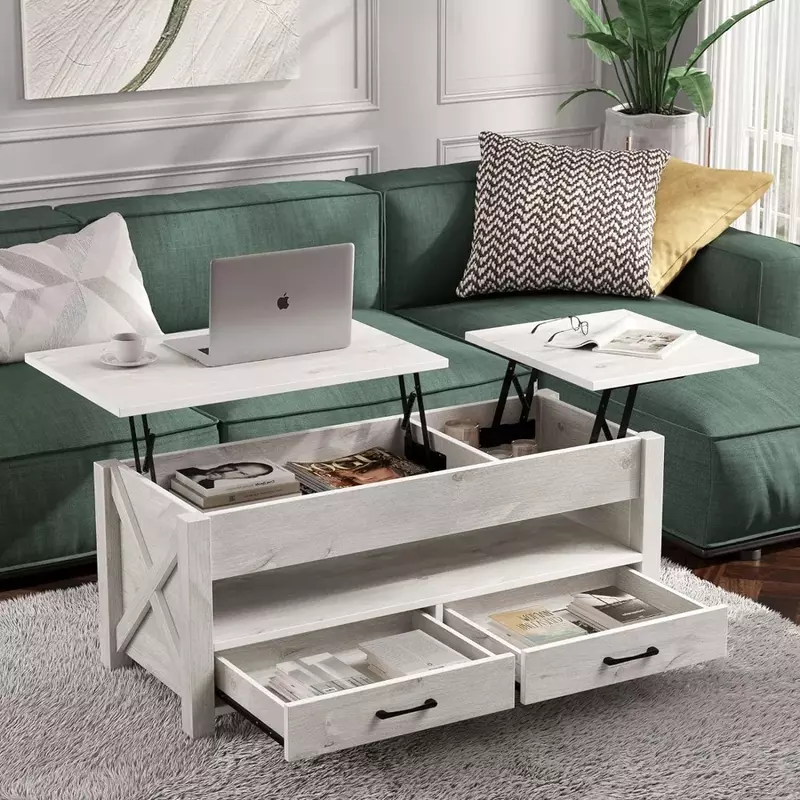 Coffee Table Lift with 2 Storage Drawers and Concealed Compartment, Vintage Central Table with Wooden Lift Top, Grey