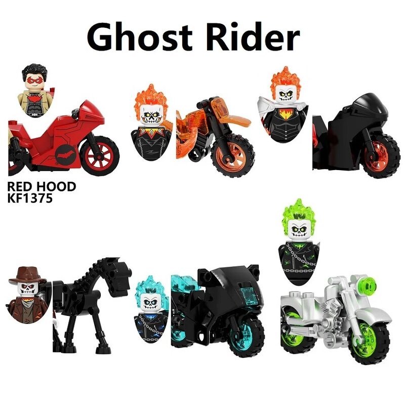 Minifiguras de acción de superhéroes, 1 Juego, Red Hood Ghost Rider, motocicleta, bloque de construcción, Juguetes