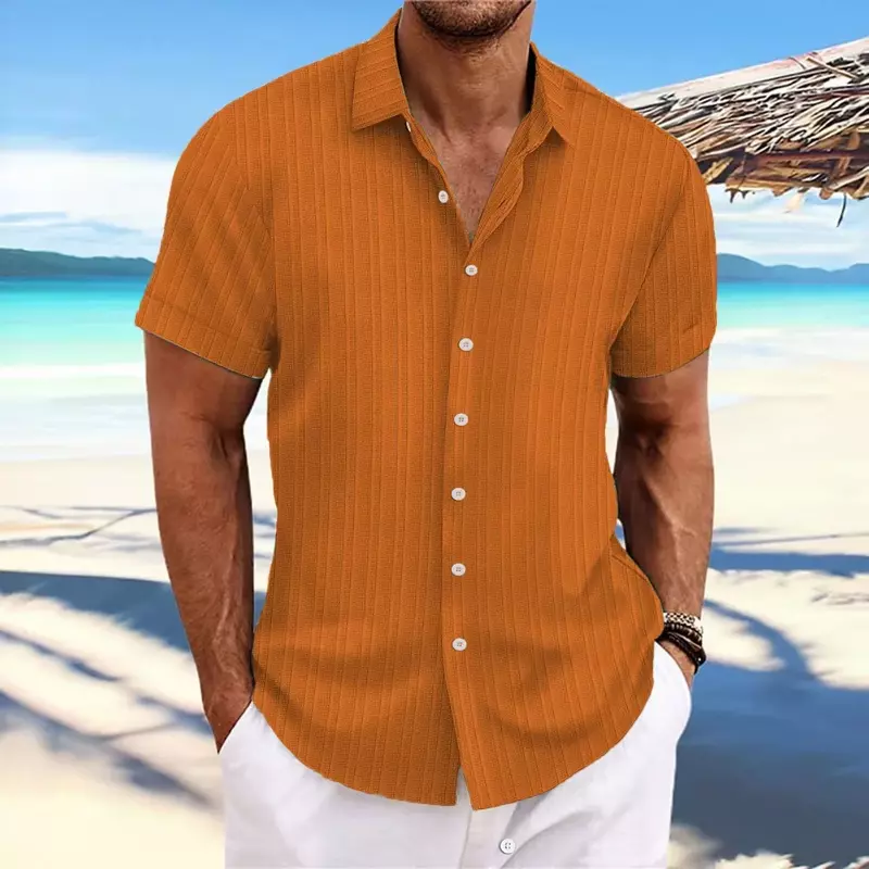 Мужская льняная рубашка в полоску, жаккардовая Повседневная модная Свободная рубашка с коротким рукавом, 2024