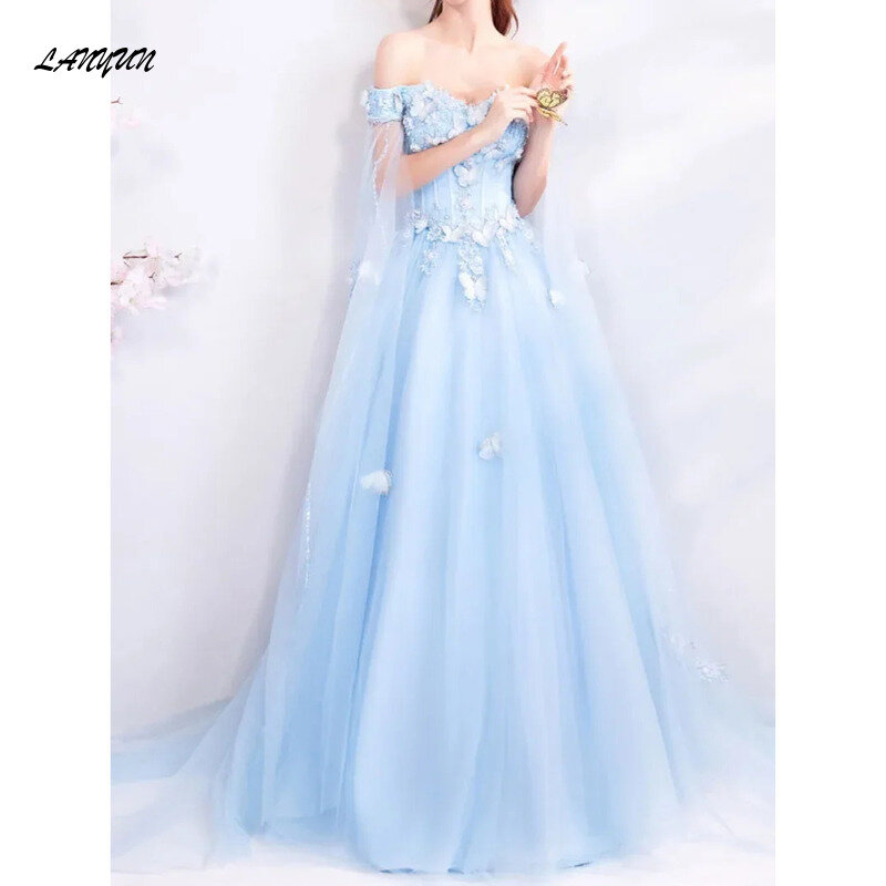 Niebieskie przyjęcie sukienka dla kobiet ślub z odkrytymi ramionami formalne suknie wieczorowe ślubna stylowa elegancka bankiet wróżka vestido de festa