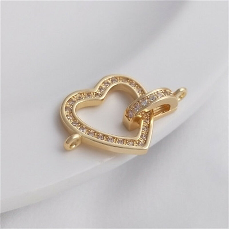 Gesper perhiasan hati persik 14K zirkon bertatahkan emas gesper mutiara berbentuk hati liontin ganda gesper penghubung DIY