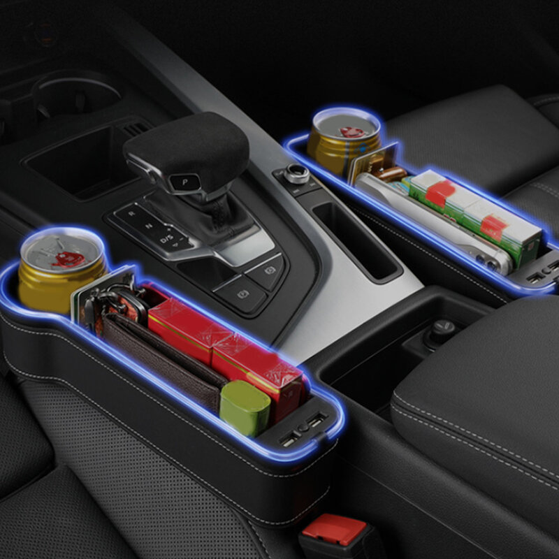 듀얼 USB 충전 자동차 틈새 스토리지 박스, 다채로운 LED 시트 갭 슬릿 포켓 캐처 좌석 정리 카드 전화 병 컵 홀더