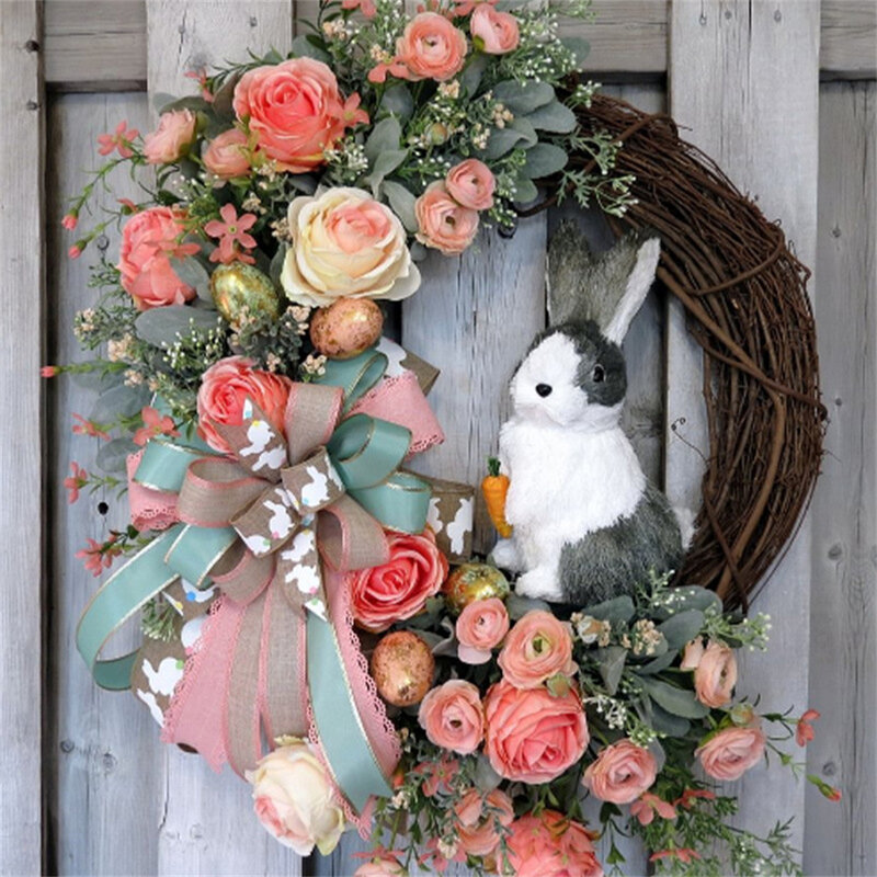 Guirnalda decorativa colgante de Pascua, decoración de conejo de dibujos animados, coronas impresas, cinta colorida, adorno para el hogar