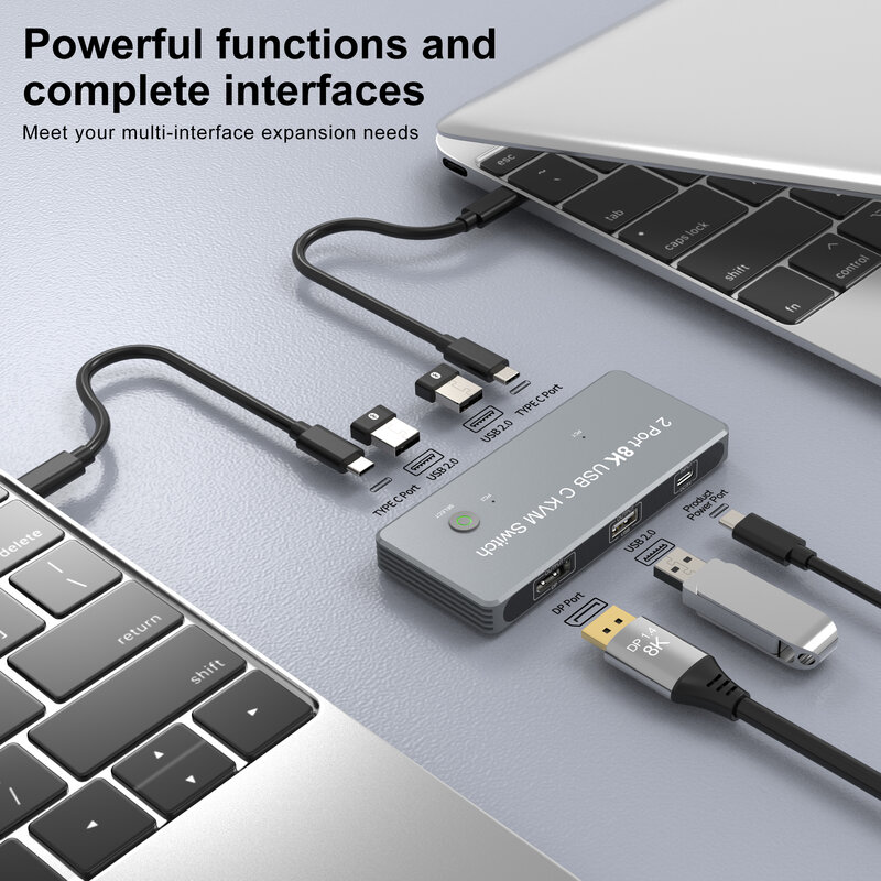 USB-C 8K KVM, DP1.4, 2 USB-C, 2 входа, 1 дисплей, 8K, KVM 8K при 60 Гц, 4K при 144 Гц, 3 порта USB 2,0, для совместного использования мыши, клавиатуры, принтера