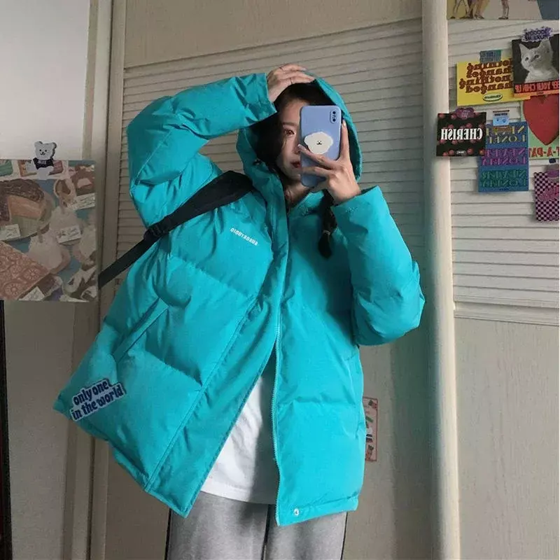 Jaket jalanan hangat polos longgar Korea wanita, jaket mantel tebal bantalan katun wanita musim dingin 2024