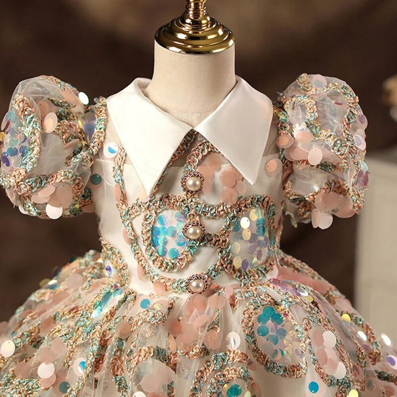 Eleganckie sukienki dla dziewczynek kwiatowe krótkie bufiaste rękawy księżniczka cekinowe nadaje się na specjalne okazje suknie urodzinowe dla dziewczynek