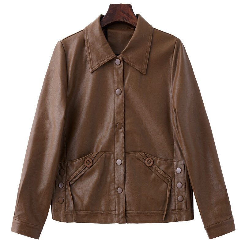 여성용 가죽 재킷, 짧은 스타일, 루즈하고 다재다능한 캐주얼 패션, 중년 가죽, 2024 용수철 가을 신상