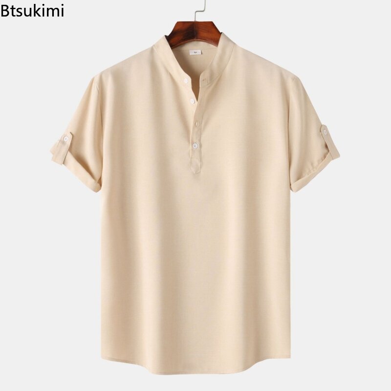 Modna stójka koszule męskie letnie z krótkim rękawem na co dzień proste bluzy wygodnej koszula plażowa mężczyzn Slim Fit sportowa bluzka Camisa
