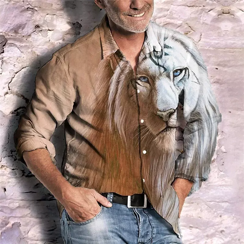 Мужская рубашка с длинным рукавом, Повседневная Уличная рубашка из мягкого материала в стиле ретро, с изображением Льва, с длинным рукавом, 2023