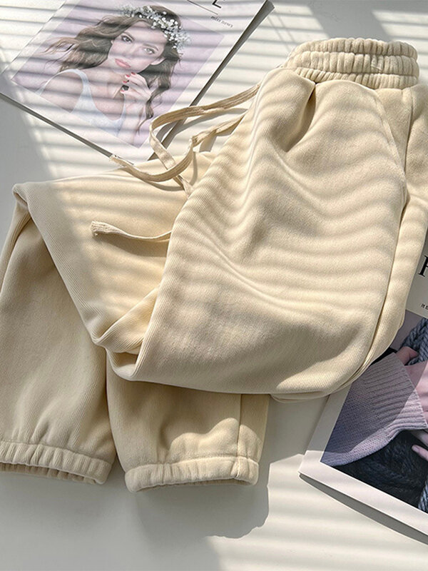 Celana Jogger tebal wanita, bawahan serut lurus pinggang tinggi musim dingin 2023 kasual hangat Korea