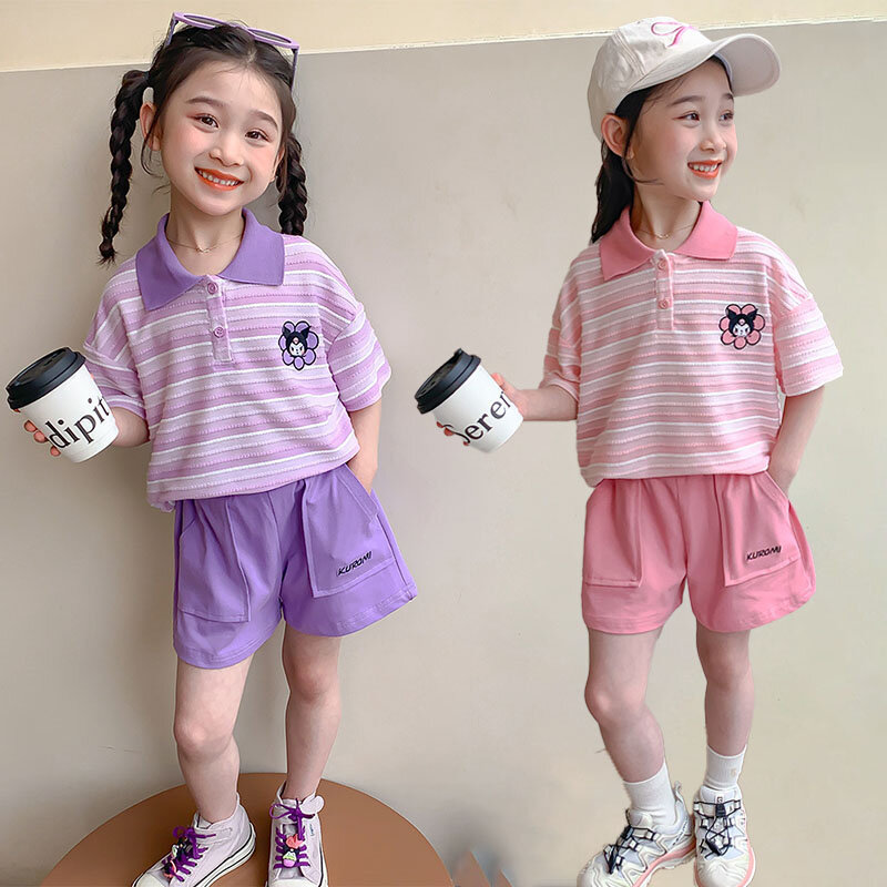Anime sanhos Kuromi Girls pantaloncini a maniche corte Set di due pezzi Summer Children Cartoon Cotton t-shirt Casual Fashion Sportswear