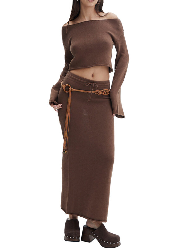 Conjunto de saia maxi de malha para mulheres, manga comprida, monocromática, pescoço, suéter curto, cordão, outono, 2 peças