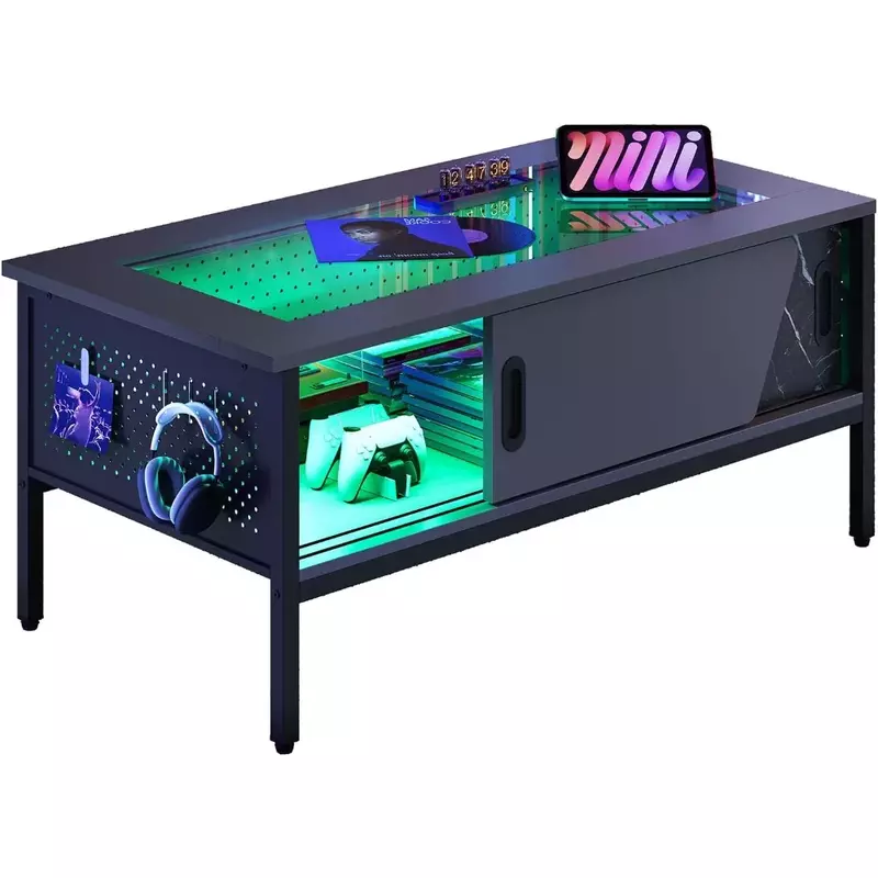 Coffee Table, 42 Inch LED with Storage Glass Coffees Tables for Living Room with Sliding Doors, Coffee Table