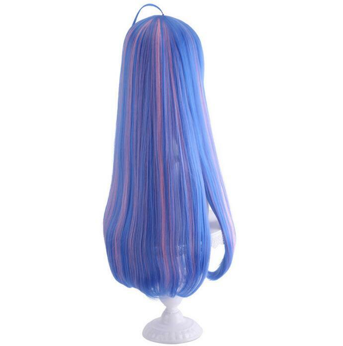 Peruca de cabelo reto longo sintético para festa, Anime Cosplay, Azul e rosa, Resistente ao calor