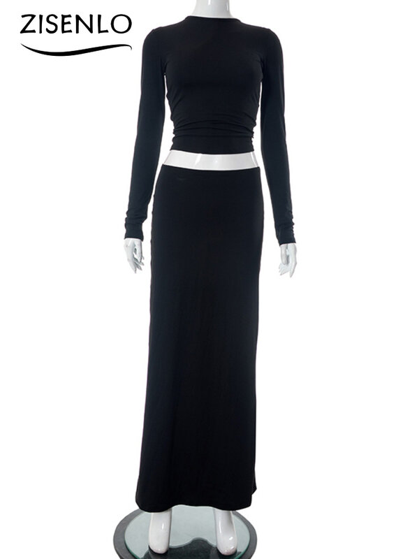 Eleganckie damskie komplety jesienna spódnica z długim rękawem modny dwuczęściowy zestaw dla kobiet jednolity kolor krótki Top zestawy sukienek