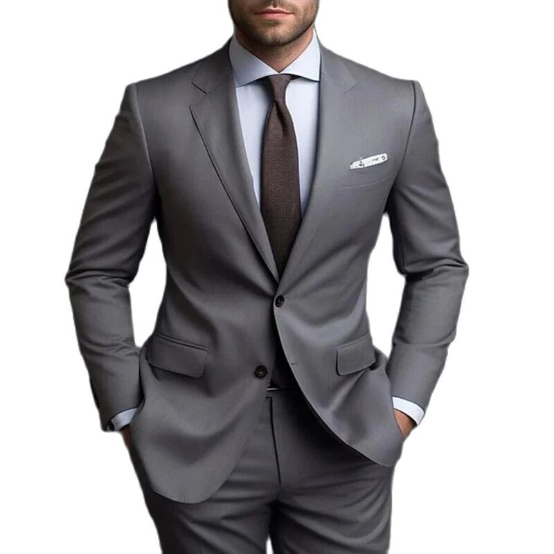 Grey garnitury męskie formalny biznes proste klapy pana młodego garnitury ślubne dla mężczyzn 2 sztuki Slim Fit smoking spodnie Trajes De Hombre