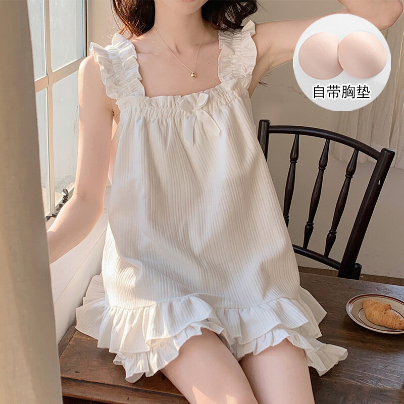 2024 Ruched New Sleepwear Women's Cotton White Sleeveless Pajama Sexy Backless Summer Suit For Women Solid Loose Nightwear