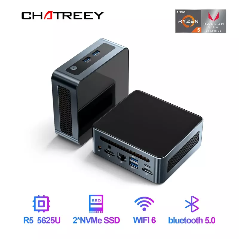 Chatreey-Mini PC AN2P Ryzen 5 5625U, ordenador de escritorio para juegos, NVME SSD, WIFI6 HD, Windows 11 Pro