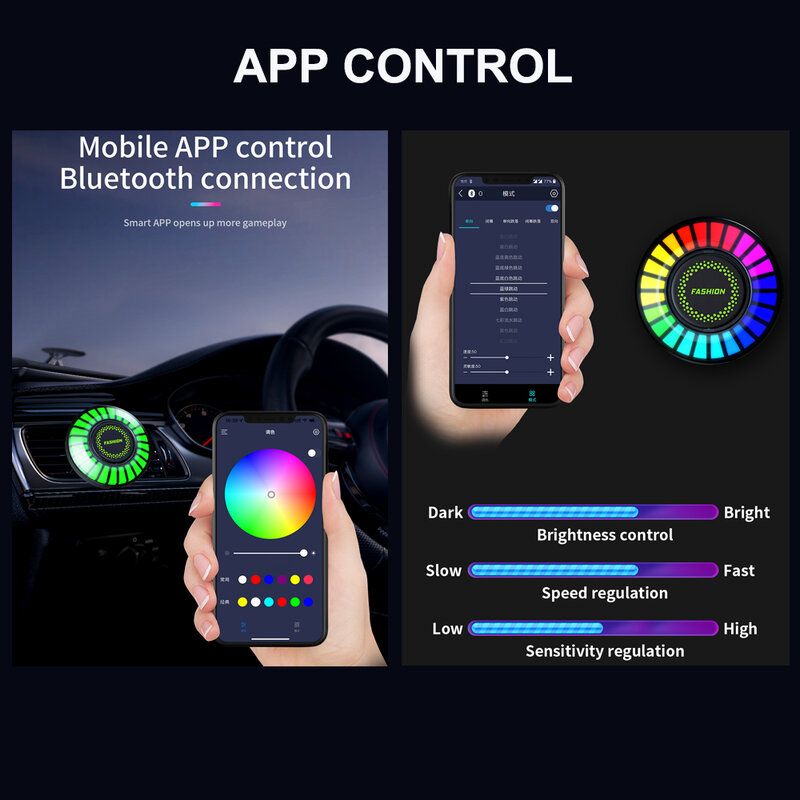 Música do carro lâmpada ritmo refrogerador de ar rgb tira led som controle ritmo voz atmosfera luz 256 cores opção controle app