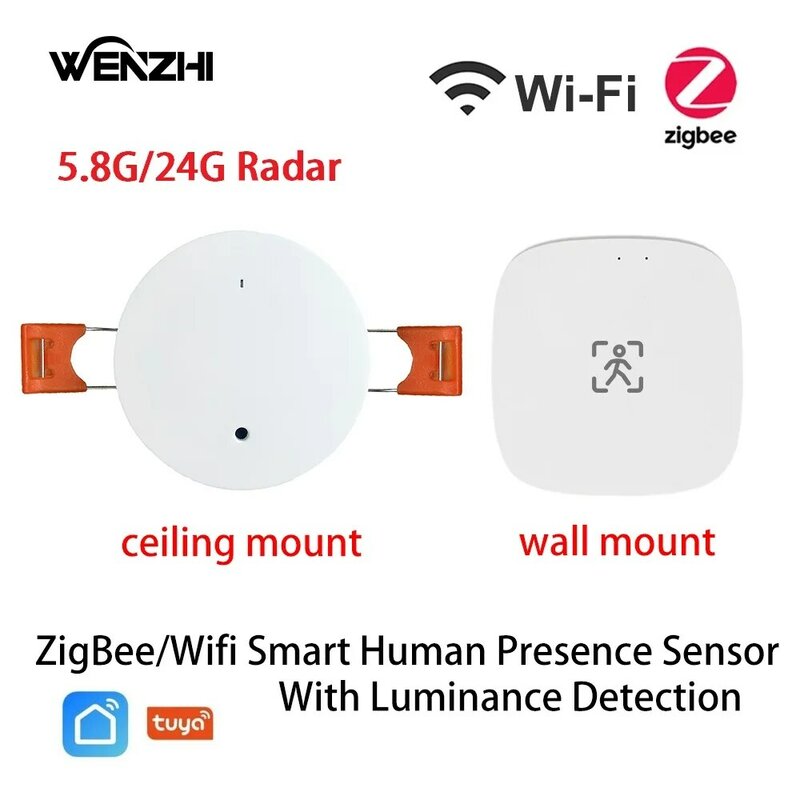 ZigBee3.0 Sensor gerak, Wifi/ZigBee3.0 5.8/2.4G MmWave Sensor gerakan kehadiran manusia dengan deteksi pencahayaan/jarak otomatisasi rumah kehidupan pintar Tuya