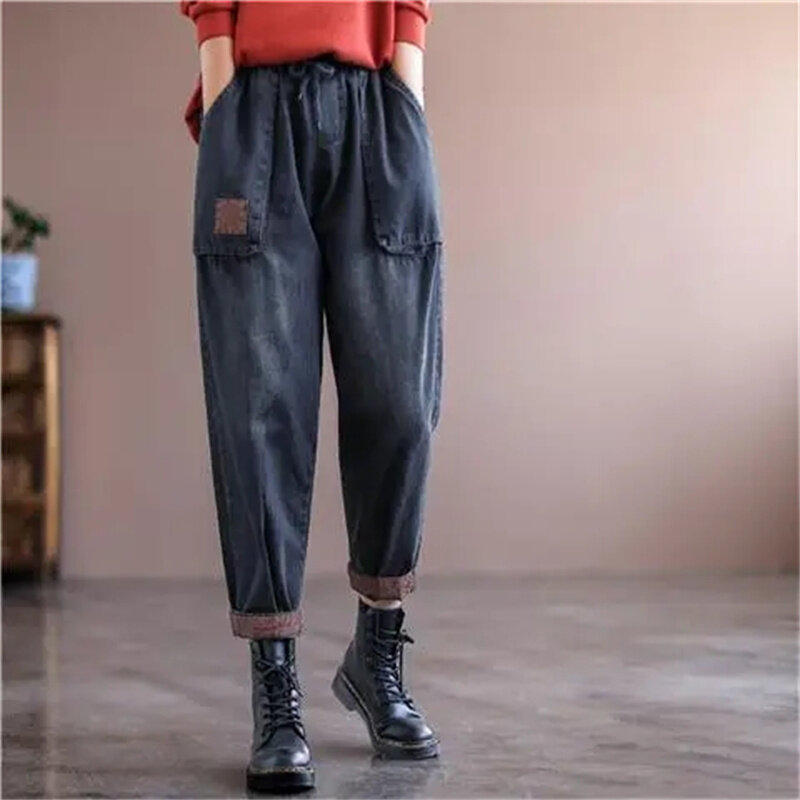 Black jeans women's autumn retro literary style loose jeans high waist jeans women's autumn 2022