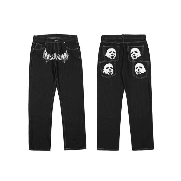 Męskie jeansy Y2K Retro haftowane spodnie jeansowe główna ulica spodnie szerokie nogawki Street luźne dżinsy napis na plakietce spodnie męskie