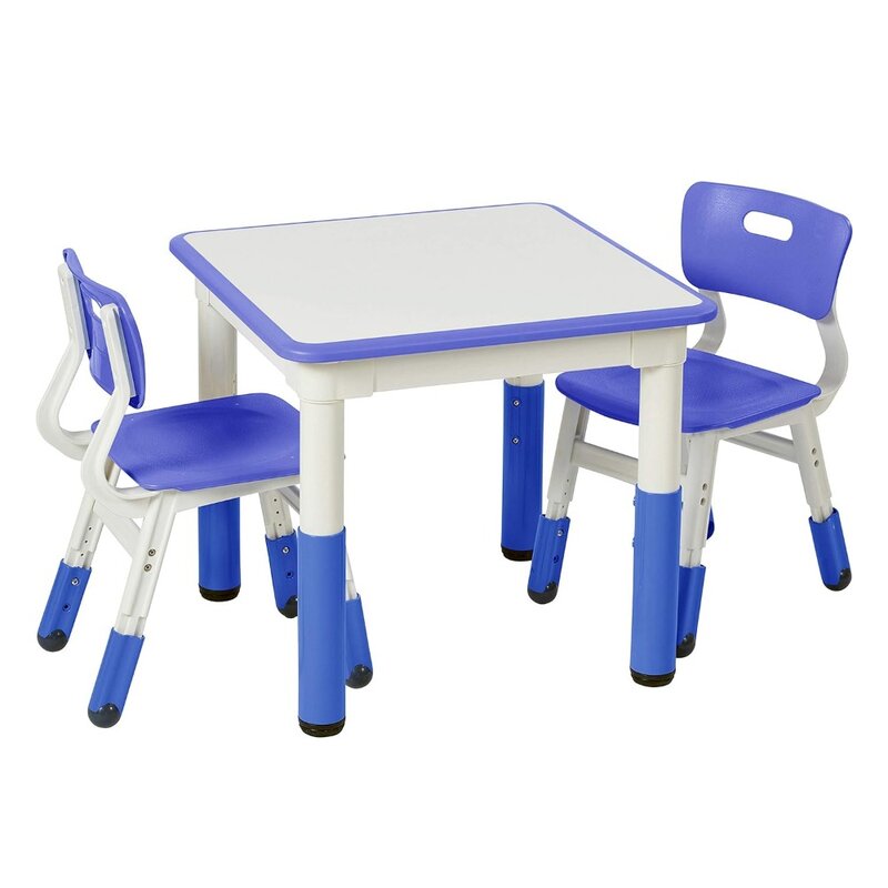 Tavolo per bambini, tavolo per attività quadrato con salviette asciutte, con 2 sedie, regolabile, mobili per bambini, blu, set tavolo e sedia in 3 pezzi