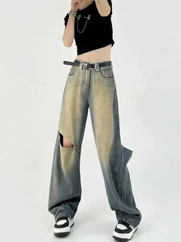 Модные женские летние джинсы контрастных цветов в стиле ретро, новые свободные прямые универсальные широкие джинсы с высокой талией для похудения