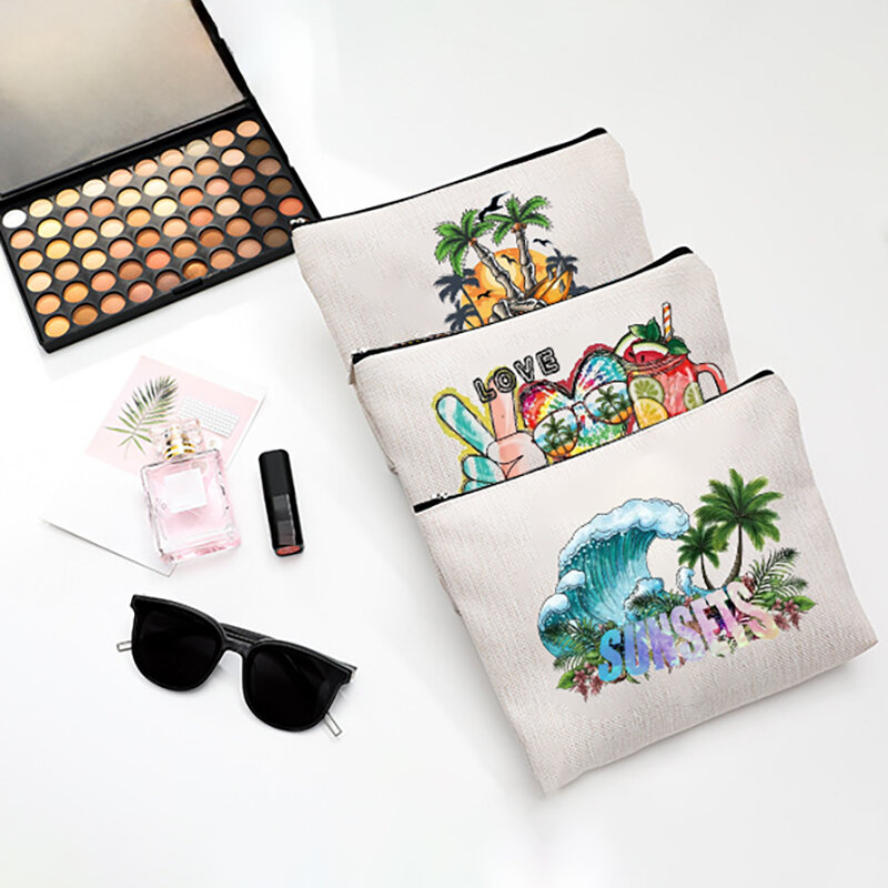 Bolsa de maquillaje de lino con estampado para mujer, bolso de almacenamiento de gran capacidad, organizador con cremallera, serie de estilos de verano
