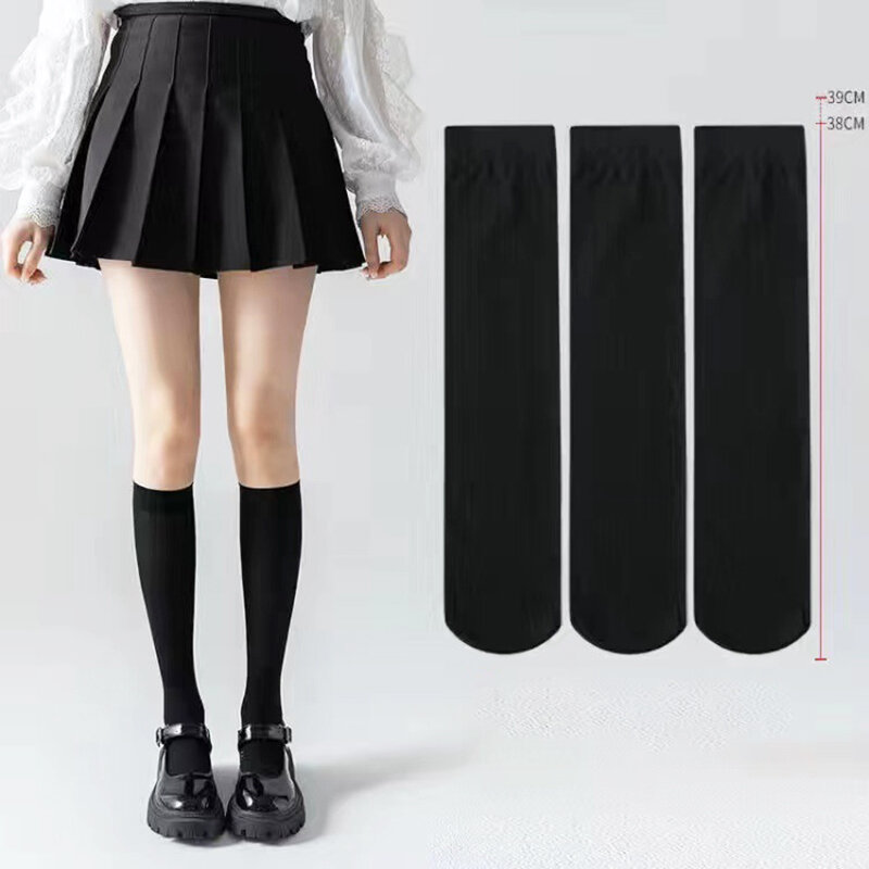 ถุงเท้ายาวบางเหนือเข่าของผู้หญิงในฤดูร้อนถุงเท้าบางพิเศษแบบญี่ปุ่นน่ารักยาวปานกลางสีดำสีขาว