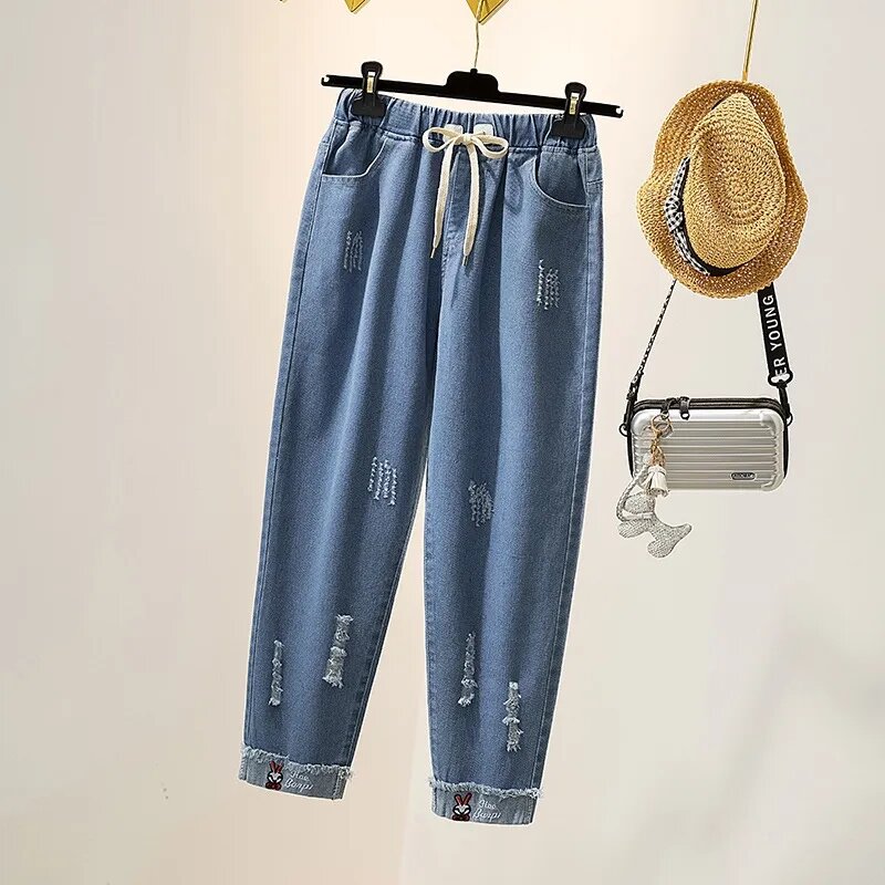 Celana panjang kasual potongan wanita, Jeans pinggang tinggi longgar kaki lebar 2024