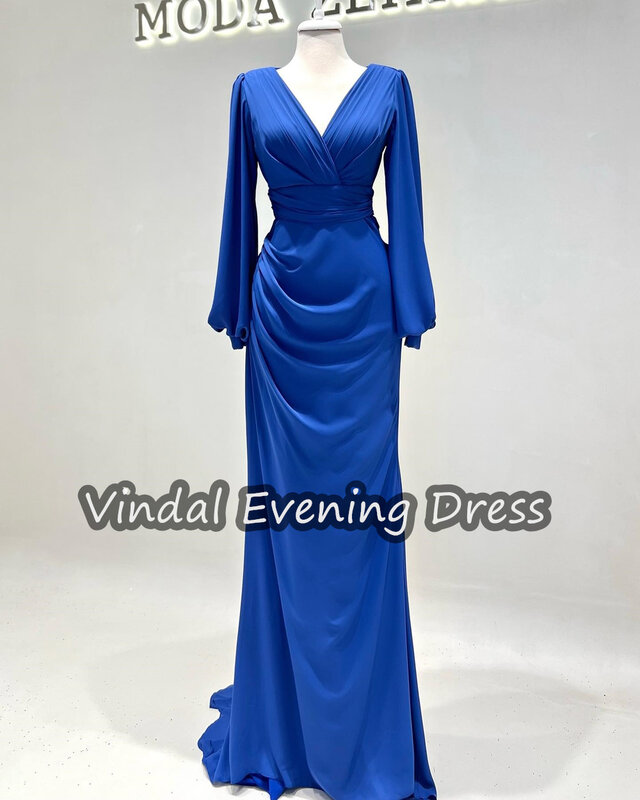 Vindal dekolt w szpic suknia wieczorowa długość do podłogi syrenka elegancka, z falbanami krepa wbudowany biustonosz saudyjski arabski długie rękawy dla kobiet 2024