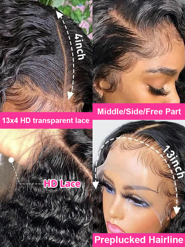 Peluca de cabello humano con ondas profundas para mujer, pelo rizado con malla frontal, sin pegamento, 40inch250% Hd, 13x6, 13x4, listo para usar, 7x5