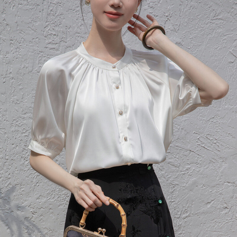 New Brand Quality Silk Satin Shirts Women 2024 Summer Casual Oversize Losse Blouses Tops Office Lady Short Sleeves Shirt Blusas