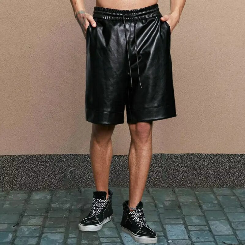 Pantalones cortos ajustables para hombre, Shorts de piel sintética con cordón y bolsillos, ropa de calle de pierna ancha, Verano