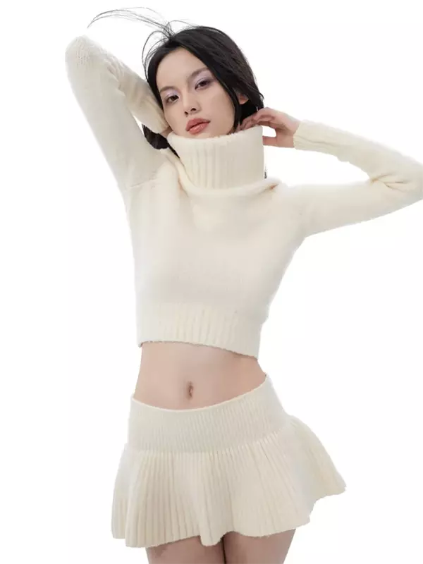 Knitted Sweater Mini Skirt 2 Piece Set Women Flapped High Neck Long Sleeve Top A-Line Short Skirt Set Autumn Streetwear